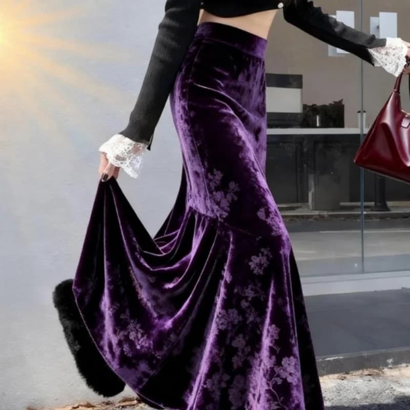 Limiguyue Purple Flower Velvet Skirt Women Luxury Wool Slim Package Hip Skirts High Waist Pleated Long Skirt Autumn Winter 920A