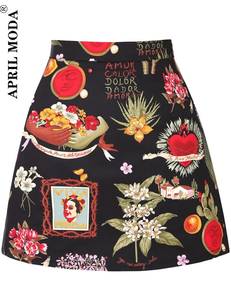 Cotton Y2K Summer Mini Skirts Women Harajuku Pencil Beach Streetwear Vintage Black Floral Print Short A Line Skirt Falda Corta