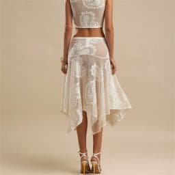 Women Paisley Lace Midi Skirt Sheer Mesh Asymmetrical Hem Flared Skirt High Waist See Through Boho Casual Summer Beach Vacation