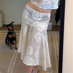 Women Paisley Lace Midi Skirt Sheer Mesh Asymmetrical Hem Flared Skirt High Waist See Through Boho Casual Summer Beach Vacation