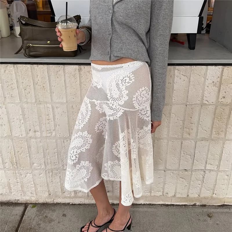 Women Paisley Lace Midi Skirt Sheer Mesh Asymmetrical Hem Flared Skirt High Waist See Through Boho Casual Summer Beach Vacation