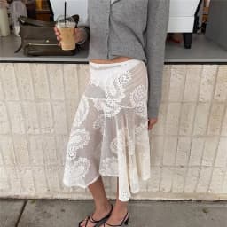 Women Paisley Lace Midi Skirt Sheer Mesh Asymmetrical Hem Flared Skirt High Waist See Through Boho Casual Summer Beach Vacation