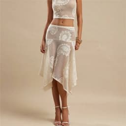 Women Paisley Lace Midi Skirt Sheer Mesh Asymmetrical Hem Flared Skirt High Waist See Through Boho Casual Summer Beach Vacation