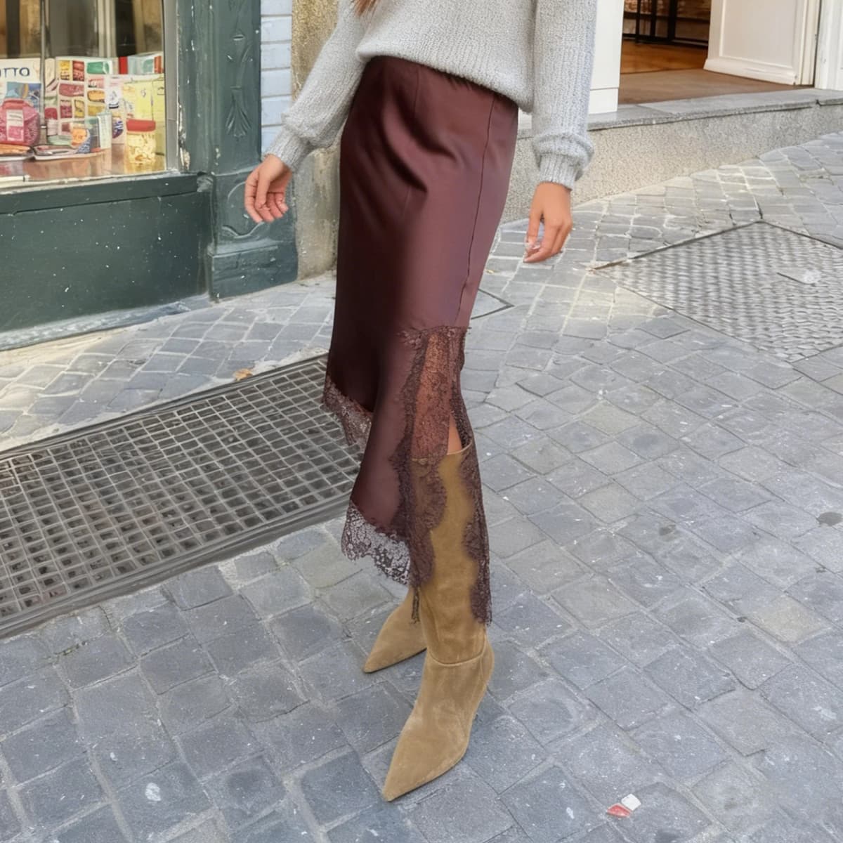 Xingqing y2k Women Skirt Elegant Clothes Solid Color Elastic Waist Lace Patchwork Irregular Hem Side Slit Midi Skirts Clubwear