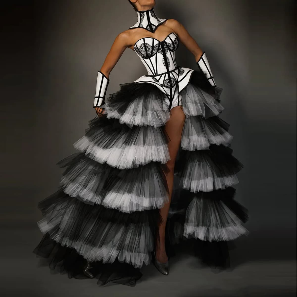 The Chapel Window Tulle Black and White Overskirt Detachable Train Elastic Waist Tiered Puffy Mesh Removable Skirt Women Overlay
