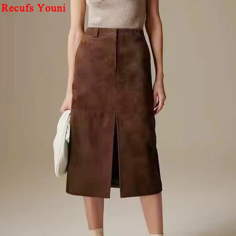 High Grade Kid Suede Leather Skirt For Women Winter New Old Money Upgraded Imported Suede Jupe Front Split Waist Loop Faldas
