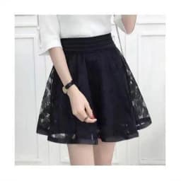 Summer New Elastic High Waist Skirt Women All-match A Line Shaggy Short Skirt Black Mesh Lace Pleated Pure Color Young Fashion