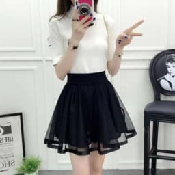 Summer New Elastic High Waist Skirt Women All-match A Line Shaggy Short Skirt Black Mesh Lace Pleated Pure Color Young Fashion