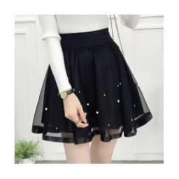 Summer New Elastic High Waist Skirt Women All-match A Line Shaggy Short Skirt Black Mesh Lace Pleated Pure Color Young Fashion