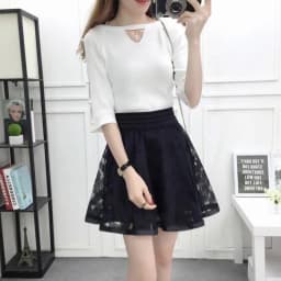 Summer New Elastic High Waist Skirt Women All-match A Line Shaggy Short Skirt Black Mesh Lace Pleated Pure Color Young Fashion