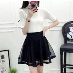 Summer New Elastic High Waist Skirt Women All-match A Line Shaggy Short Skirt Black Mesh Lace Pleated Pure Color Young Fashion