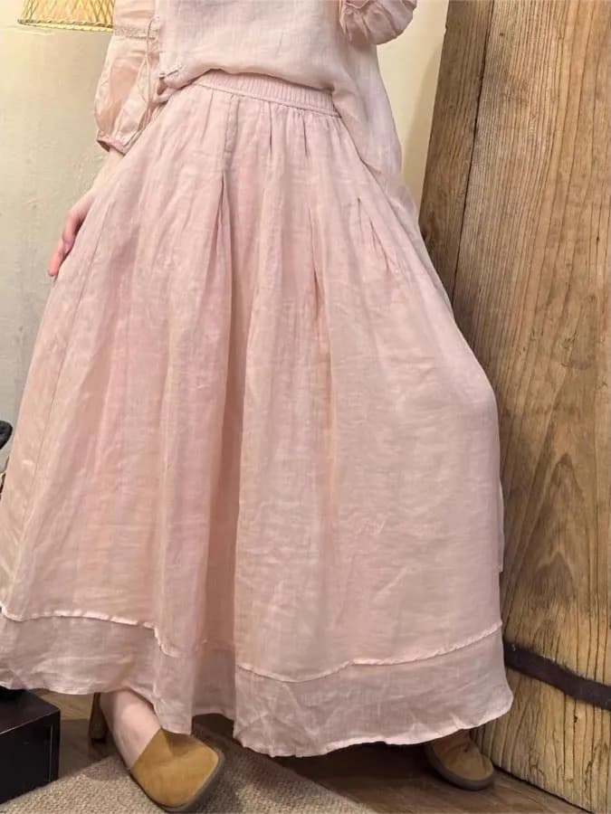 Cotton Linen A-Line Midi Skirt Women's Summer New Style Retro Casual Versatile Flax A-Line Skirt Mid-Length Sweet Style