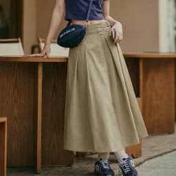 Maden Women's Khaki Pleated A-Line Skirt High-Waist Flared Cotton Half Skirt Big Swing Casual Spring Retro Style