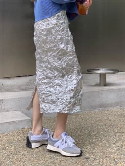 CHEERART Metallic Long Silver Skirt For Women Summer Texture Ruched High Fashion A Line Glitter Slit Midi Skirt Designer Clothes