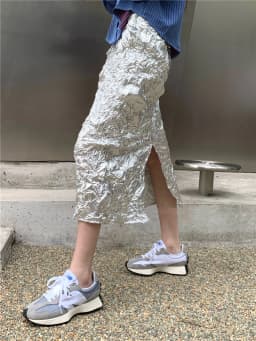 CHEERART Metallic Long Silver Skirt For Women Summer Texture Ruched High Fashion A Line Glitter Slit Midi Skirt Designer Clothes