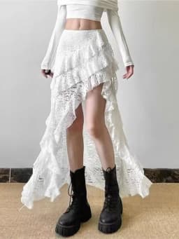Gothic Vintage Black Midi Skirt Aesthetics Y2k Lace Irregular Skirt French Style Elegant Casual Skirt Woman Design Chic