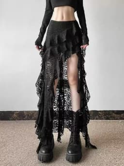 Gothic Vintage Black Midi Skirt Aesthetics Y2k Lace Irregular Skirt French Style Elegant Casual Skirt Woman Design Chic