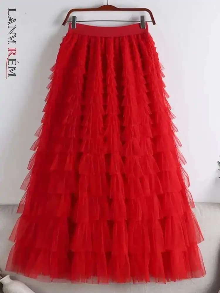 LANMREM Fashion Mesh Skirt Women High Waist A-line Gauze Spliced Solid Color Loose Skirts Versatile 2025 Spring New 2AA4000