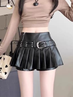 High Waist PU Leather Skirt Women's Spring Autumn Black Pleated Anti-Light Small Size Girls Retro Style Skirts
