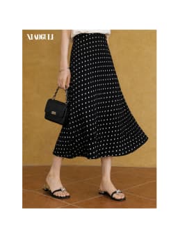 XIAOGULI 2026 Summer New Polka Dot Midi Skirt Women Chiffon Skirt Black Vintage Korean Style Elastic High Waist Leg lengthening