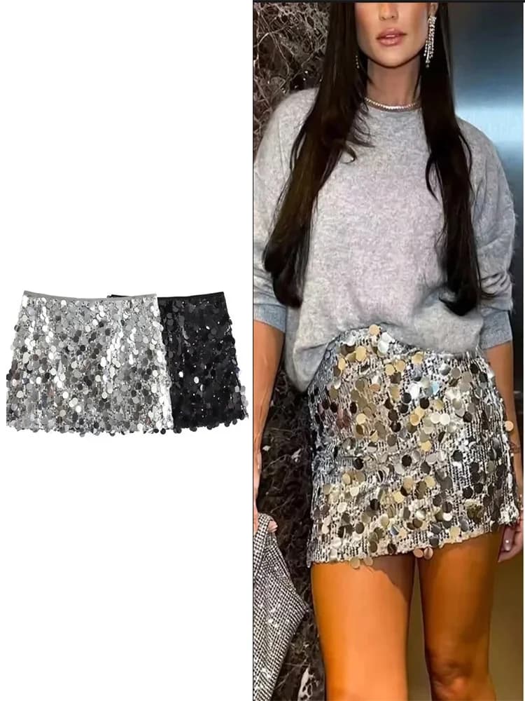 Women's Chic Sequined Solid High Waist Mini Skirt with Side Zipper Vintage Fashion Female Lady Skirts