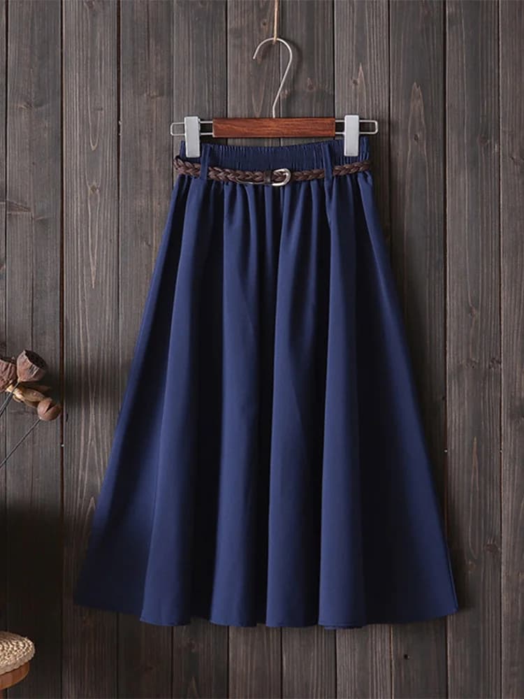 Midi Knee Length Summer Skirt Women With Belt Fashion Korean Ladies High Waist Pleated A-line School Skirt Female