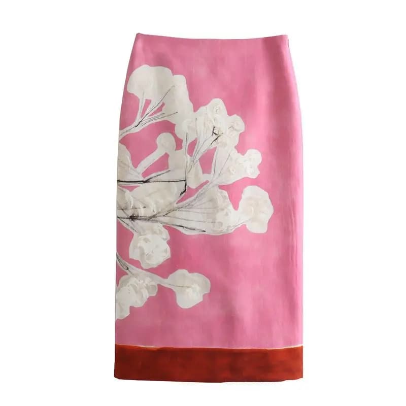 Women's Fashion 2026 Linen Blended Pencil Skirt High Waist Zipper Contrasting floral Printed Hem Slit Female Midi Skirt