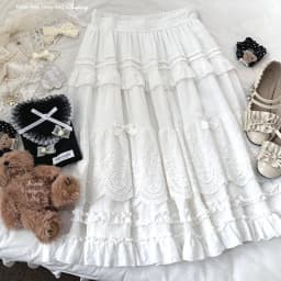 Japanese Mori Artistic Style Embroidered Lace Bow Ruffled Elastic High Waist A-line Retro Casual Lolita Long Skirts for Women