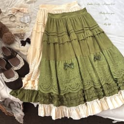 Japanese Mori Artistic Style Embroidered Lace Bow Ruffled Elastic High Waist A-line Retro Casual Lolita Long Skirts for Women