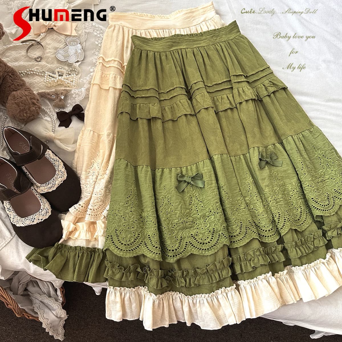 Japanese Mori Artistic Style Embroidered Lace Bow Ruffled Elastic High Waist A-line Retro Casual Lolita Long Skirts for Women