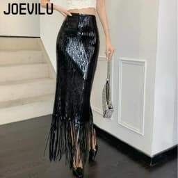 Sequin Tassel Bodycon Skirt High Waist Slim Fit Mid-Length Party Stage Glam Bottoms Women's Fashion Korean Style Sexy Midi Skirt