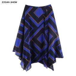 Spring Summer Women Colored Geometric Print Asymmetry Skirt Zipper Waist A-lined Swing Midi Long Chiffon Skirts