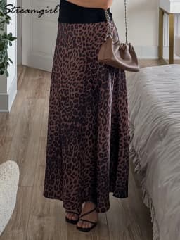Long Leopard Skirt Women 2026 Luxury Satin Skirts Ladies Office Party A Line High Waist Brown Skirt For Women Maxi Spring Summer