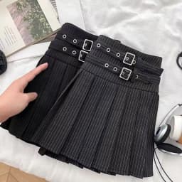 Preppy Striped Mini Skirt Women Korean Vintage Belt Sweet Student Pleats Skirts High Waist Kawaii Harajuku Simple Casual Skirt