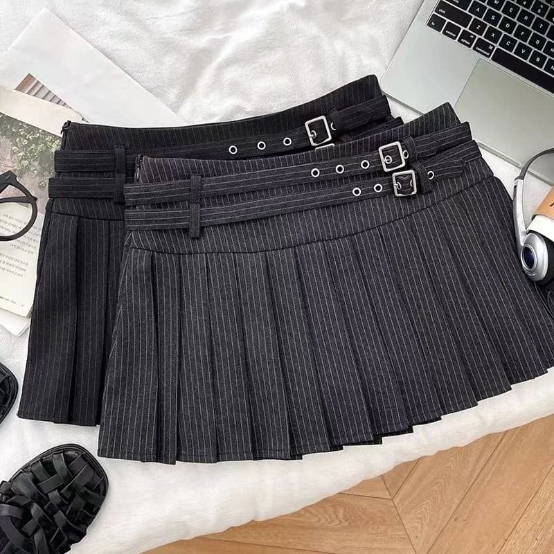 Preppy Striped Mini Skirt Women Korean Vintage Belt Sweet Student Pleats Skirts High Waist Kawaii Harajuku Simple Casual Skirt