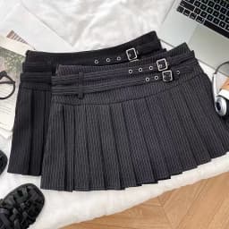 Preppy Striped Mini Skirt Women Korean Vintage Belt Sweet Student Pleats Skirts High Waist Kawaii Harajuku Simple Casual Skirt
