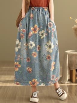 Vintage Flower Print Denim Skirt Women's Summer Fashion Elastic Waist Loose Casual Retro Patchwork Mid-long Dress with Pockets