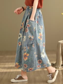 Vintage Flower Print Denim Skirt Women's Summer Fashion Elastic Waist Loose Casual Retro Patchwork Mid-long Dress with Pockets
