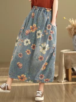 Vintage Flower Print Denim Skirt Women's Summer Fashion Elastic Waist Loose Casual Retro Patchwork Mid-long Dress with Pockets