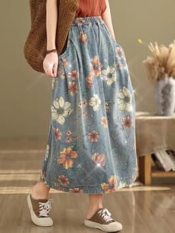 Vintage Flower Print Denim Skirt Women's Summer Fashion Elastic Waist Loose Casual Retro Patchwork Mid-long Dress with Pockets