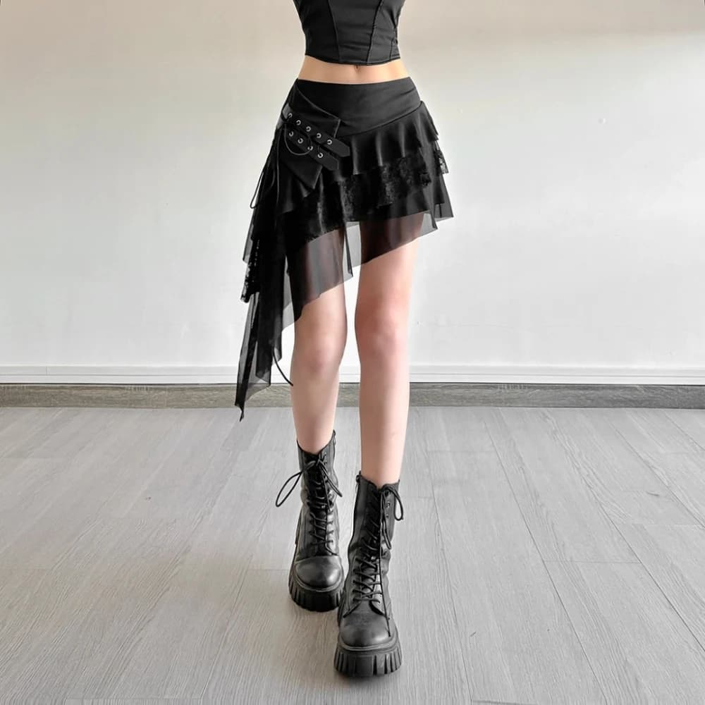 SylCue Mesh Patchwork Mini Skirts Women Elastic Waist Bandage Decoration Tierred Street Versatile Style Ruched Elegant Bottoms
