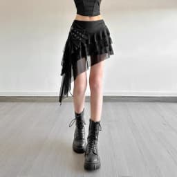 SylCue Mesh Patchwork Mini Skirts Women Elastic Waist Bandage Decoration Tierred Street Versatile Style Ruched Elegant Bottoms