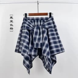 Summer Casual Retro Irregular Women Skirt Bow-knot Elastic Waist Shirt Style Blue White Lattice Mini A-line Shortskirt Female