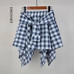 Summer Casual Retro Irregular Women Skirt Bow-knot Elastic Waist Shirt Style Blue White Lattice Mini A-line Shortskirt Female