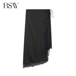 BSAY Lace Satin Asymmetry Skirt Women Fashion Autumn Winter side zip black Chic Female High Waist Elegant Long Midi Skirts Mujer