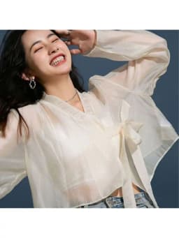 Spring Summer Hanfu Sle V-Ne Long Sve Translucent Chiffon Open Cardigan Sunade Outerwear Belted Fre Sle Women's ...