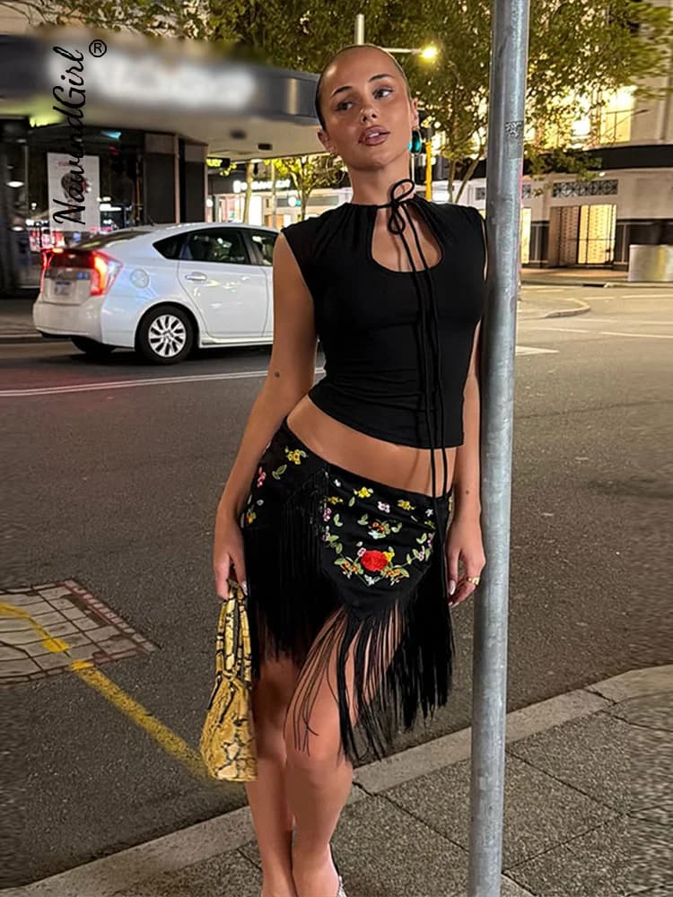 Chic Embroidery Fringed Women's Skirts Fashion Flower Irregular Mini Skirt 2026 Summer Chic Female Vacation Holiday Streetwear