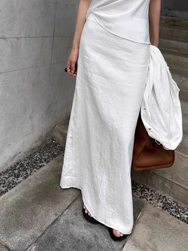 Summer Cotton Skirt White Pure Color Elegant Long Skirt Women Slit High Waist Maxi Straight Skirt Office Lady Ankle Length Skirt