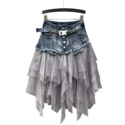 Punk Women Denim Jeans Mesh Patchwork Lace Skirt High Waist A Line Asymmetric Frill Tulle Pleated Midi Y2K Gothic Chic Skirts