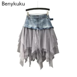 Punk Women Denim Jeans Mesh Patchwork Lace Skirt High Waist A Line Asymmetric Frill Tulle Pleated Midi Y2K Gothic Chic Skirts